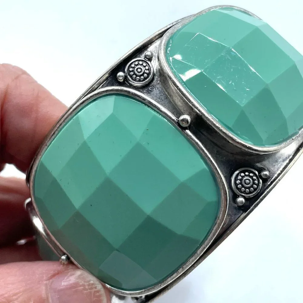 Lucky Brand Southwestern Boho Three Stone Green Silver Wide Cuff Bracelet